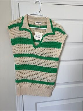 mittoshop Open-Knit Polo Top in Cream and Green Stripe
